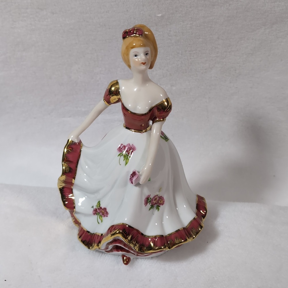 VTG Victorian Porcelain Lady Figurine White Burgundy Gold Floral‎ Gown Southern
